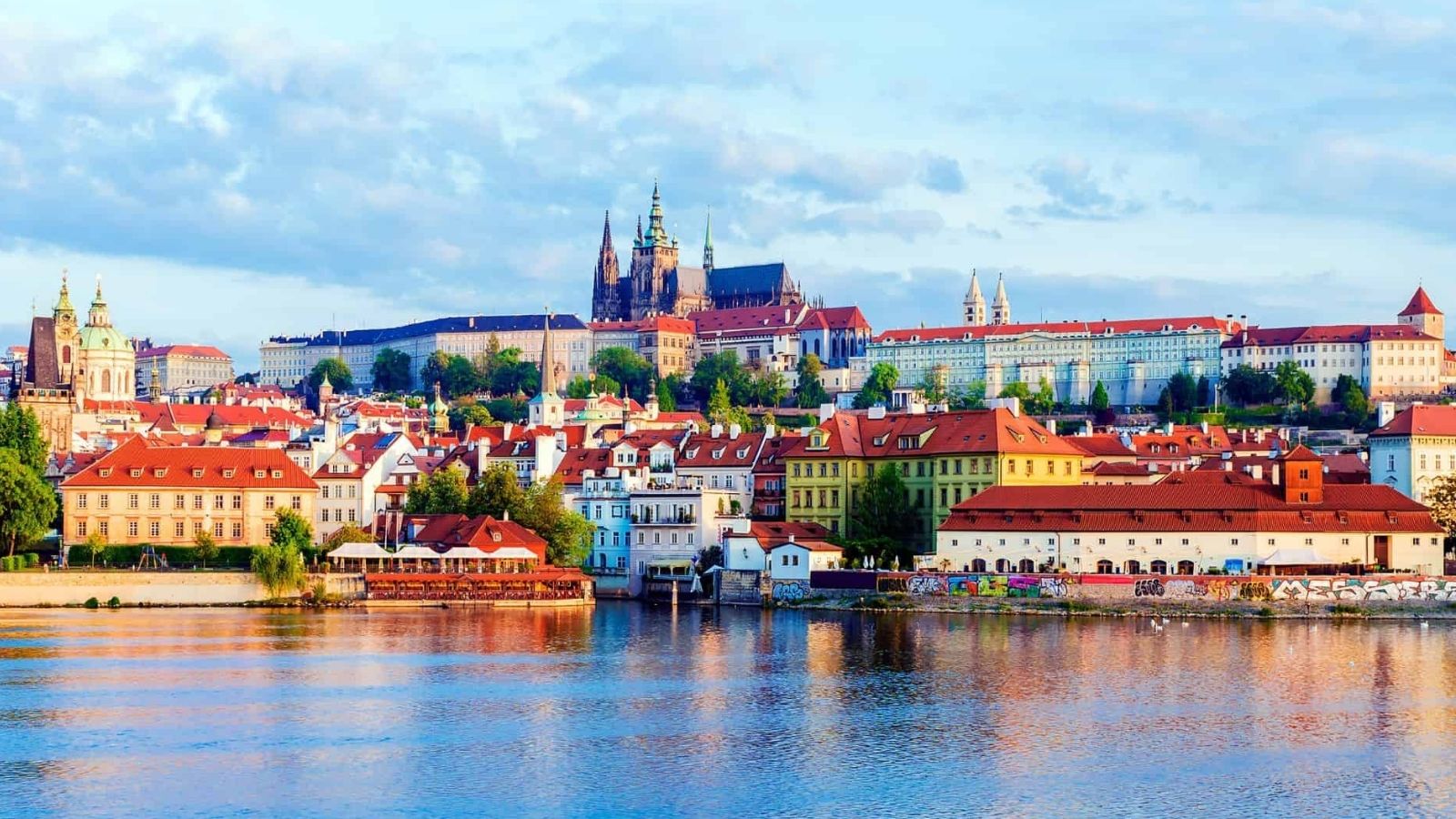 Colorful buildings line a riverbank below a hilltop castle complex and cathedral beneath a partly cloudy sky.