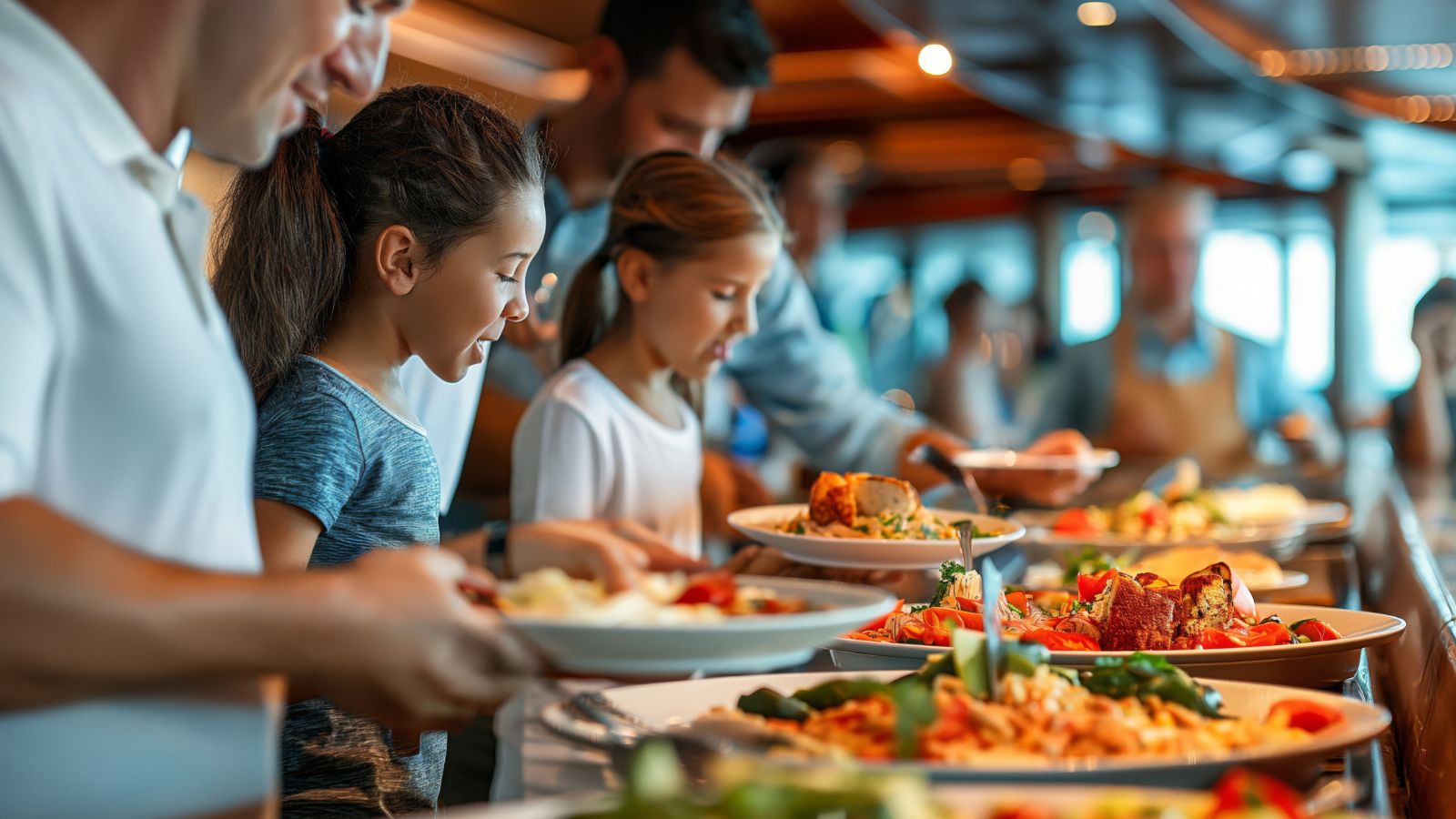 A photo of Casual cruise ship buffet lunch, passengers seated comfortably, natural light, relaxed dining environment.