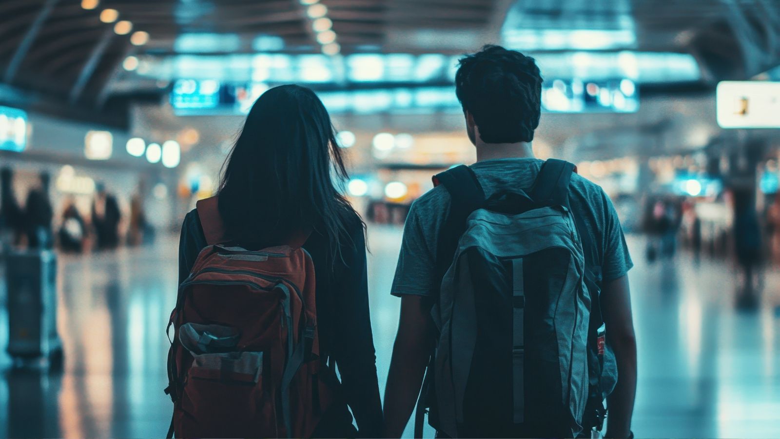 A back picture of a couple in the airport holding each others hand.