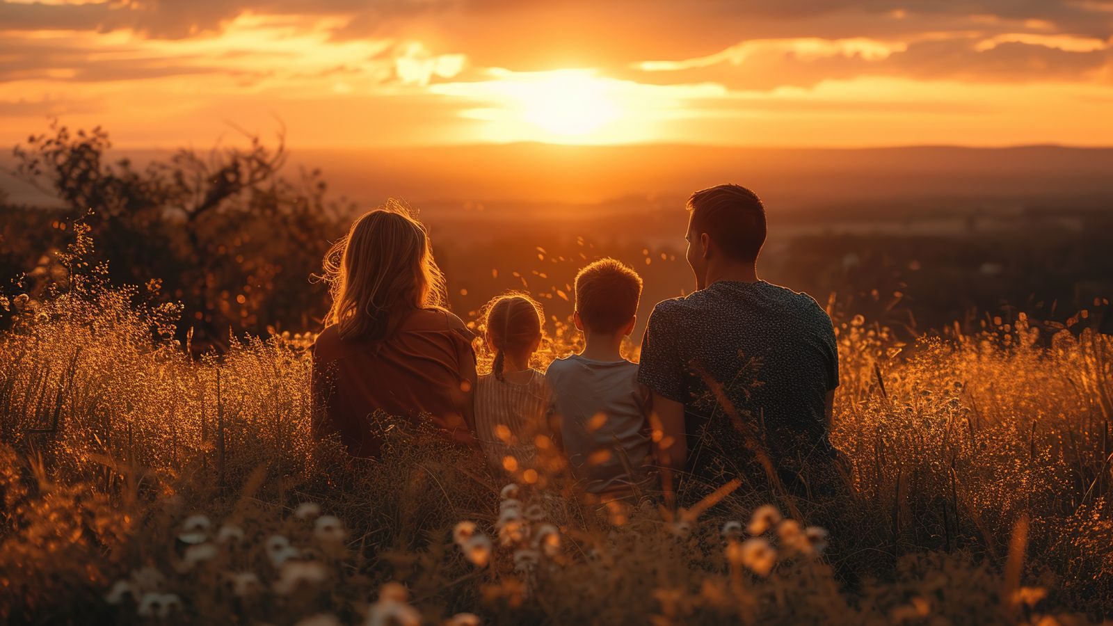A photo of a Family outdoors at sunset sitting together overlooking a simple landscape,
