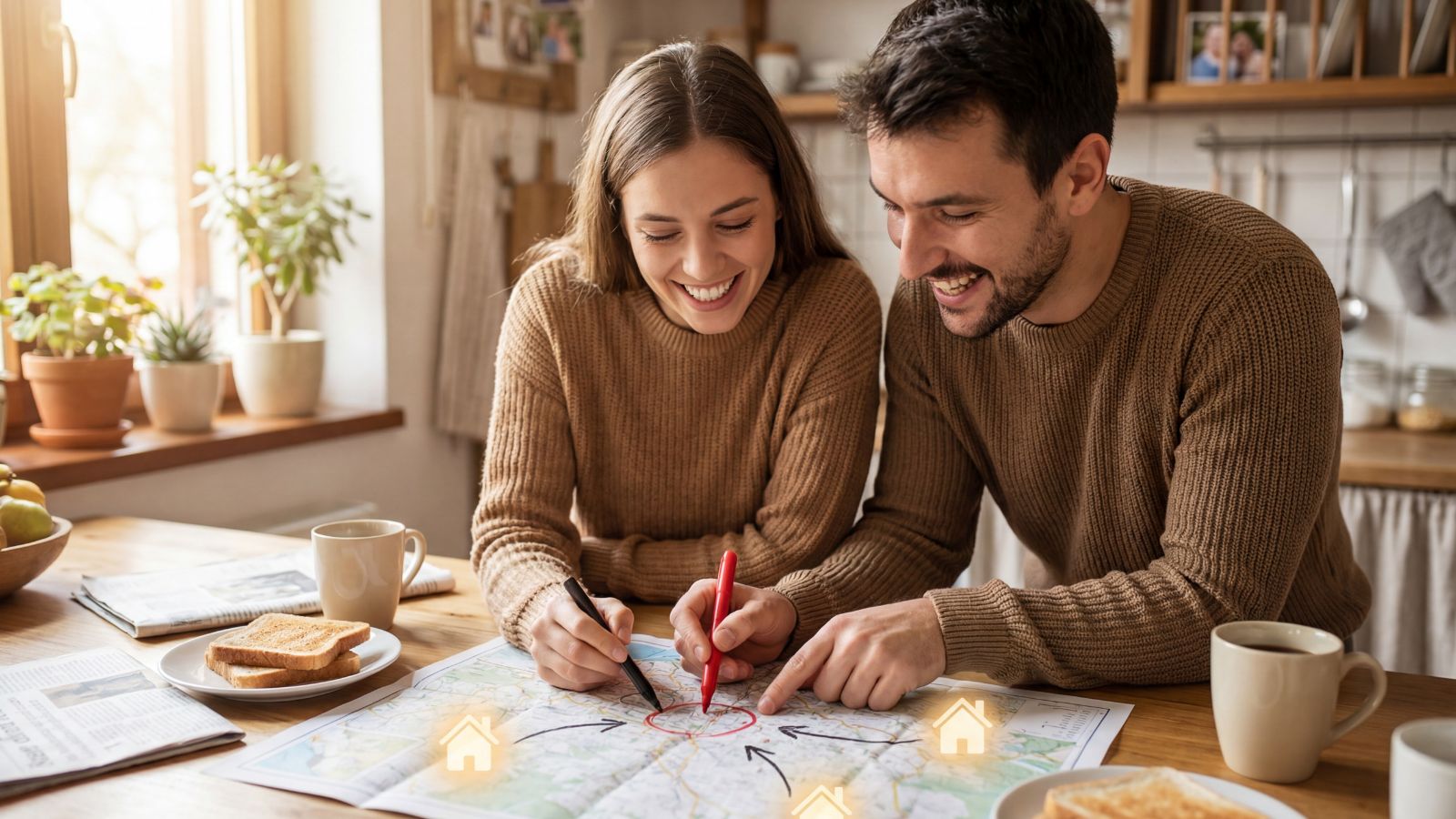 A photo of Couple smiling and collaborating over travel plans, pointing at a map together.
