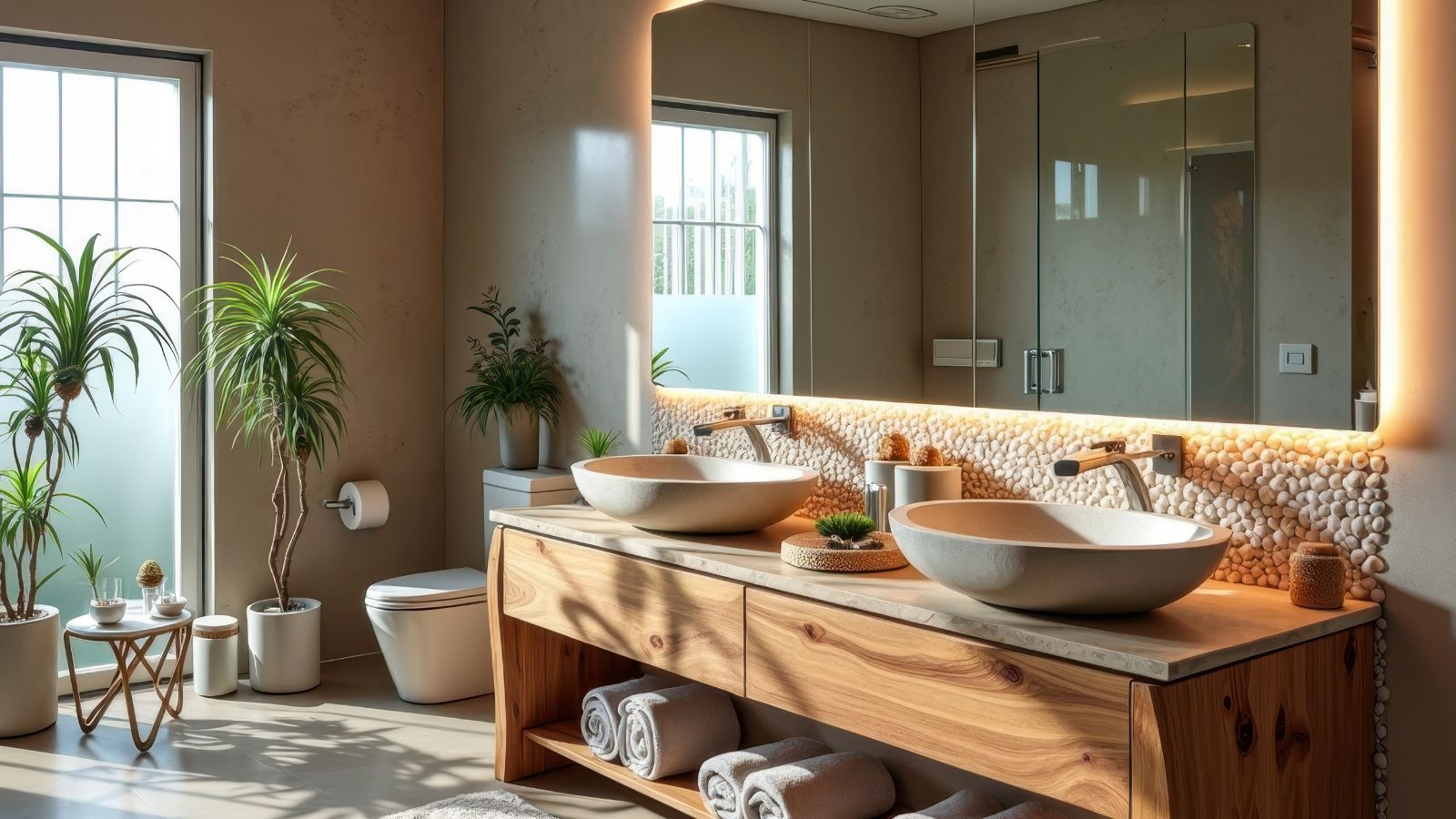 Modern hotel bathroom, neatly arranged, soft ambient lighting, plush towels folded on the counter, wall-mounted soap and lotion dispensers visible, clean and inviting atmosphere.