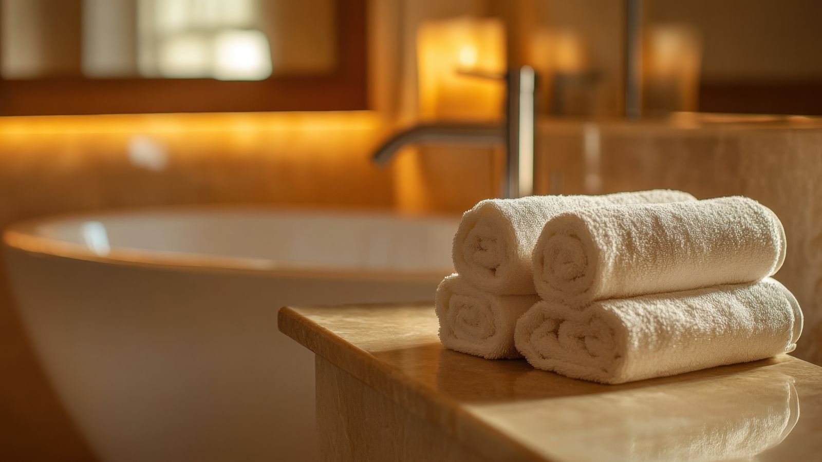 A photo of Hotel bathroom with pristine freestanding tub, unused towels neatly folded, bath tray untouched.