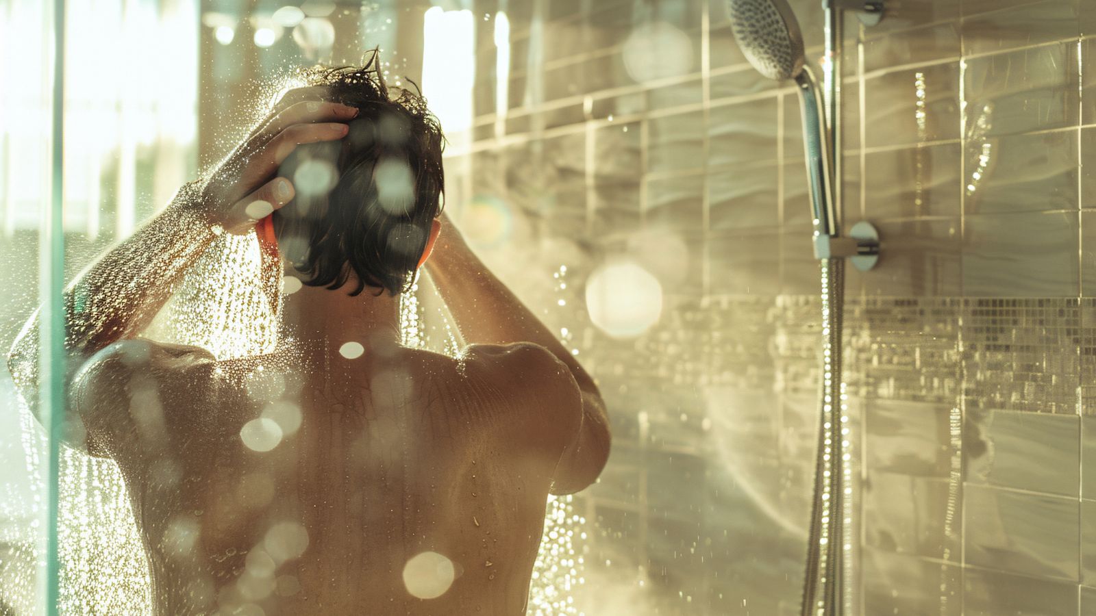 A photo of Hotel guest taking a quick shower in a modern walk-in shower, casual and practical mood.