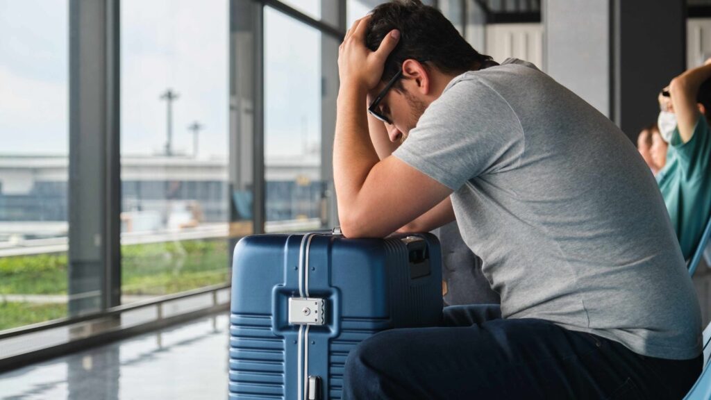 A stressed man sits in an airport terminal with his head in his hands, leaning on a blue suitcase.
