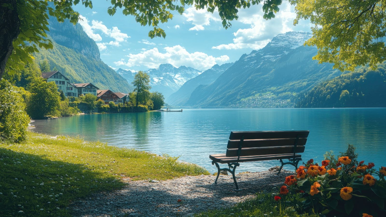 A photo of Serene Swiss outdoor setting such as a lakeside or mountain park.