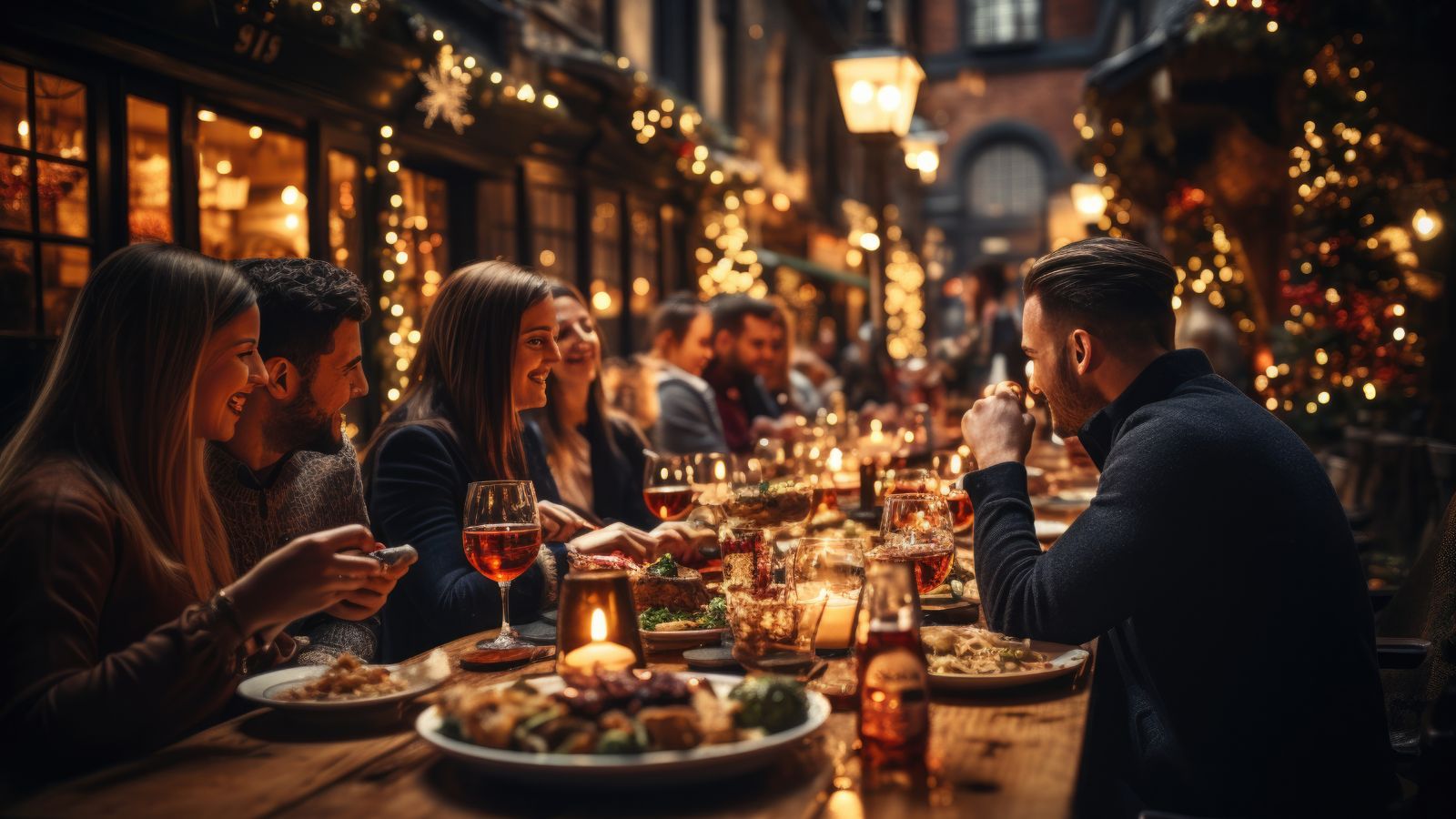 A photo of small group enjoying a long, relaxed dinner at an Italian trattoria.