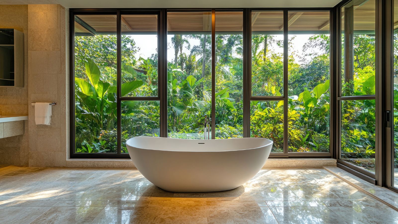 A photo of Luxury hotel room interior with freestanding soaking tub by large window, soft natural light.