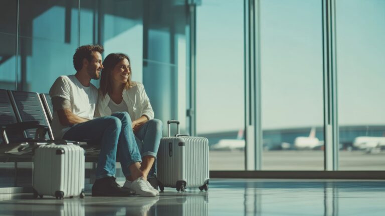 A picture of two loving couple patiently waiting at airport