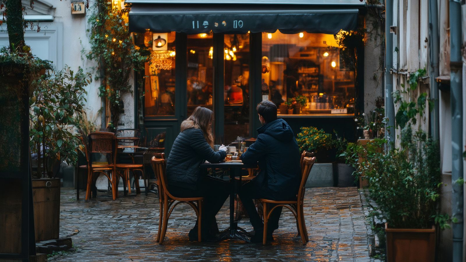 A photo of a couple enjoying each other's presence in a cafe.