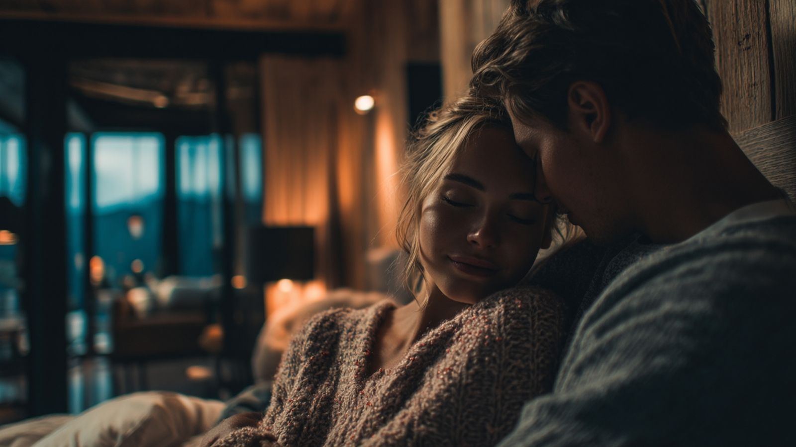 A couple resting closely together in a softly lit room, sharing a quiet, intimate moment.