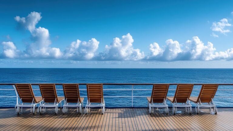 A photo of Cruise ship sun deck daytime, passengers relaxing on loungers, calm ocean, bright natural light, peaceful atmosphere.