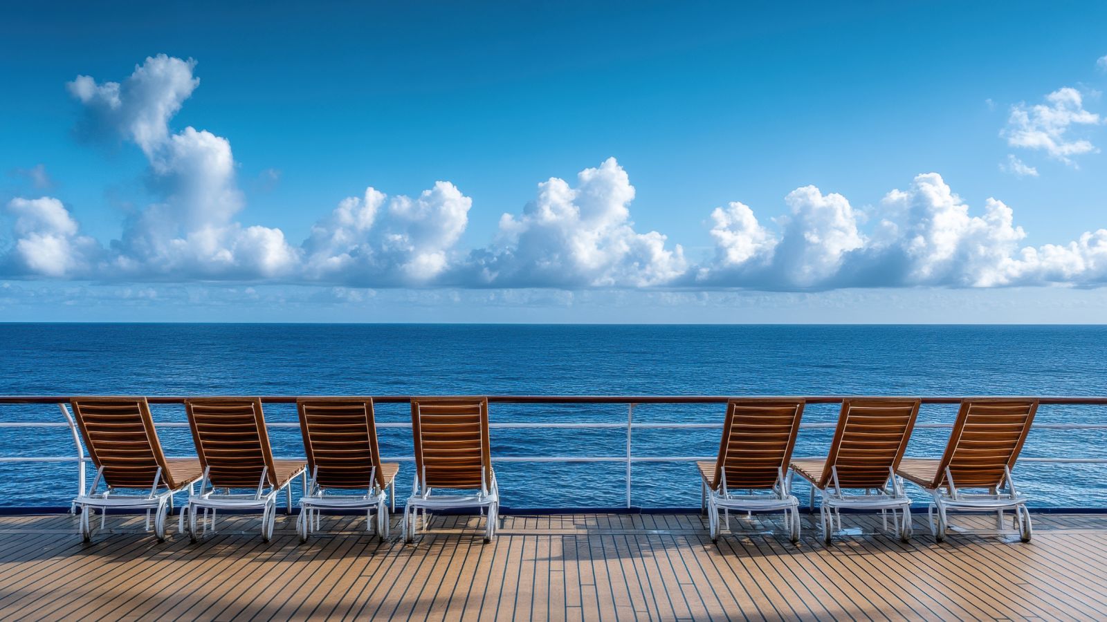 A photo of Cruise ship sun deck daytime, passengers relaxing on loungers, calm ocean, bright natural light, peaceful atmosphere.