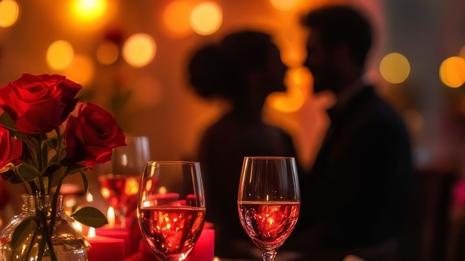 A romantic candle-lit dinner with wine and roses as a couple shares a quiet, intimate moment.