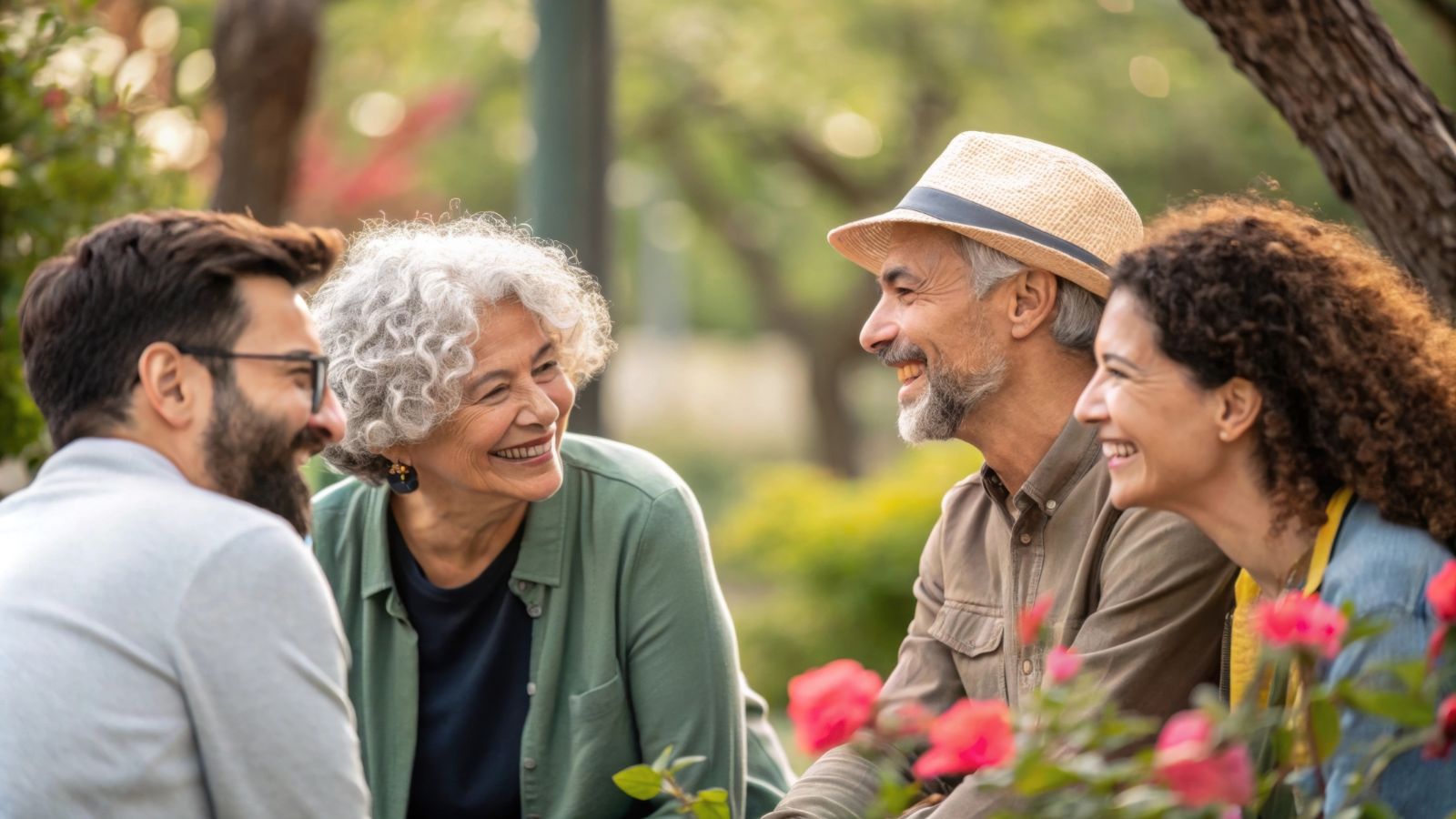 A picture of an old and young couple happily talking to each other.