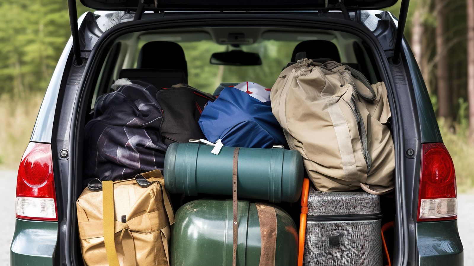Open car trunk packed with luggage, snacks, and a picnic blanket, ready for a scenic drive, colorful and organized.