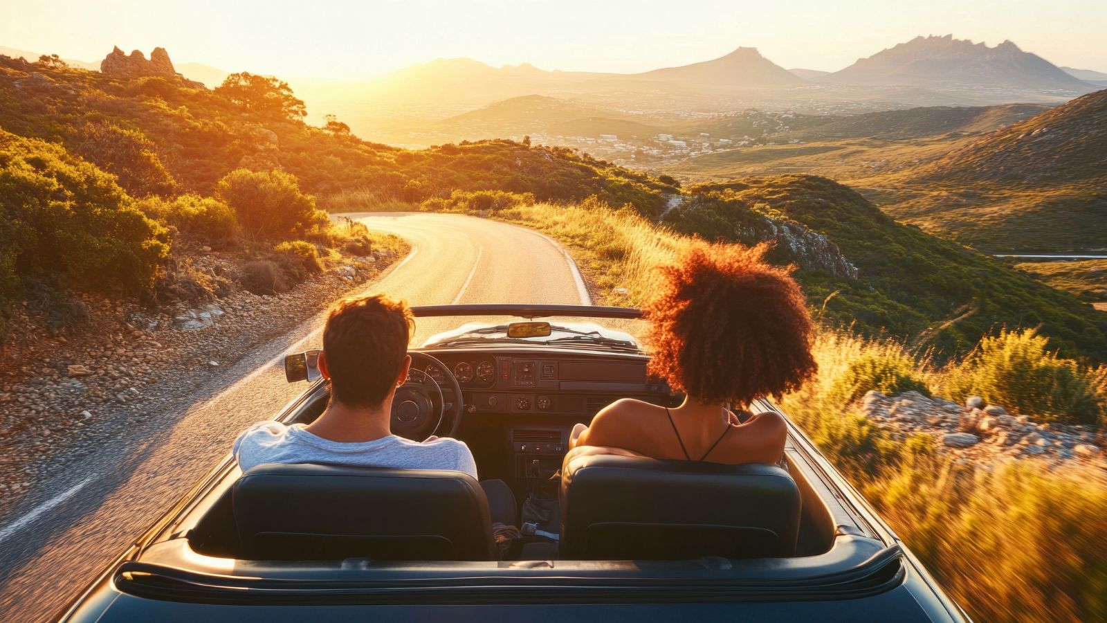 A young couple driving along Coastal sunset, relaxed and smiling, with the ocean and cliffs visible through the car windows, cinematic lighting.