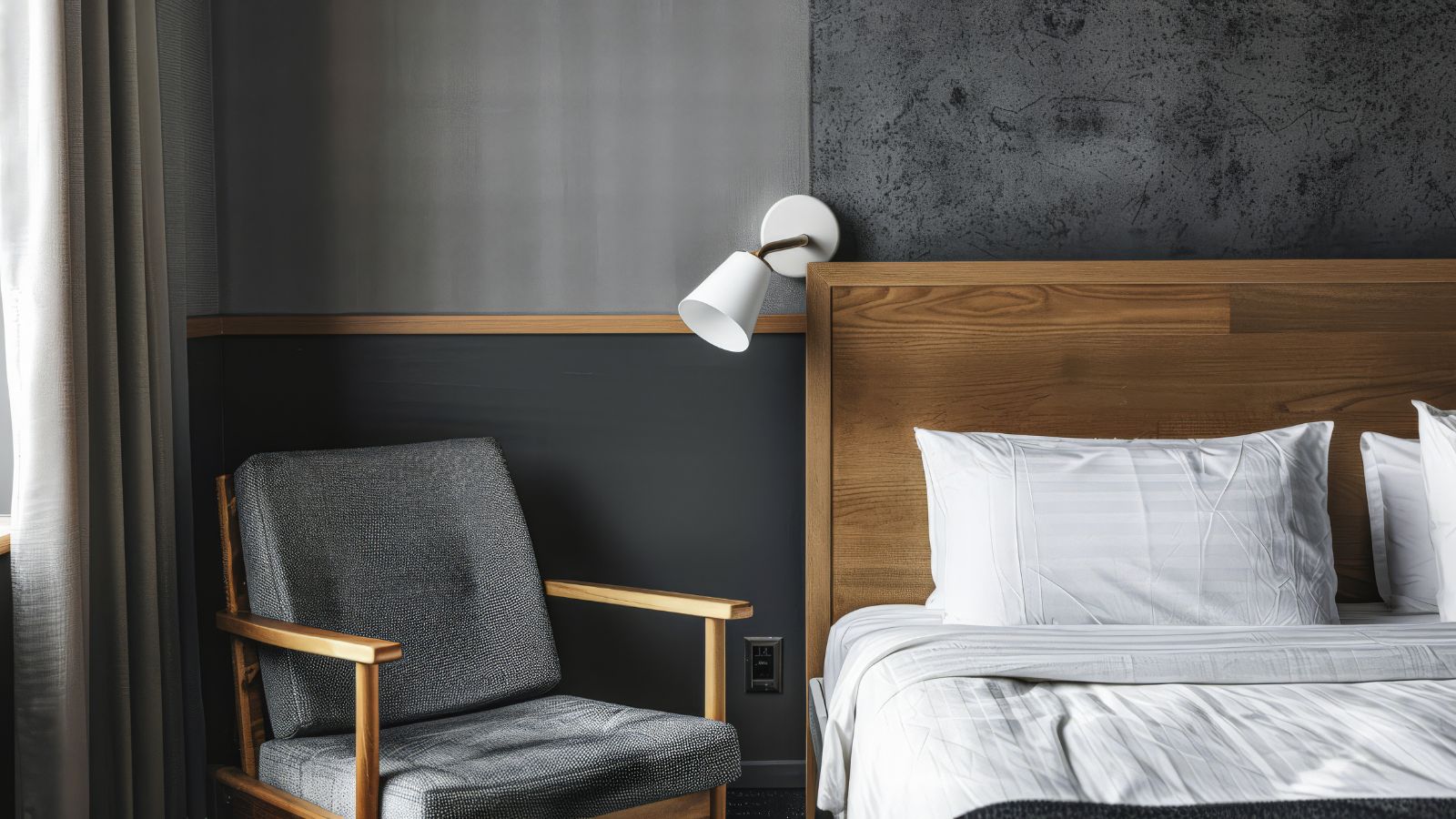 A photo of Small European hotel room interior.