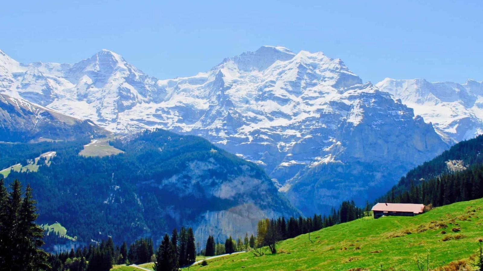 Snowy mountains rise above green hills and pine trees, with a small building on a grassy slope in the foreground.