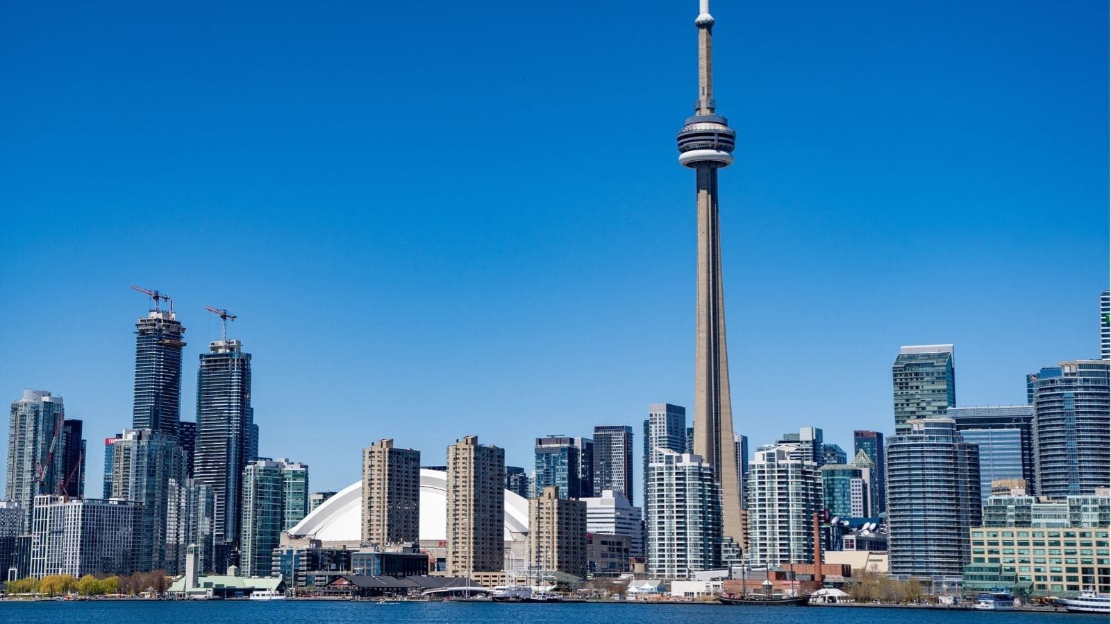 Toronto skyline featuring the CN Tower and Rogers Centre under a blue sky, seen from across the water.
