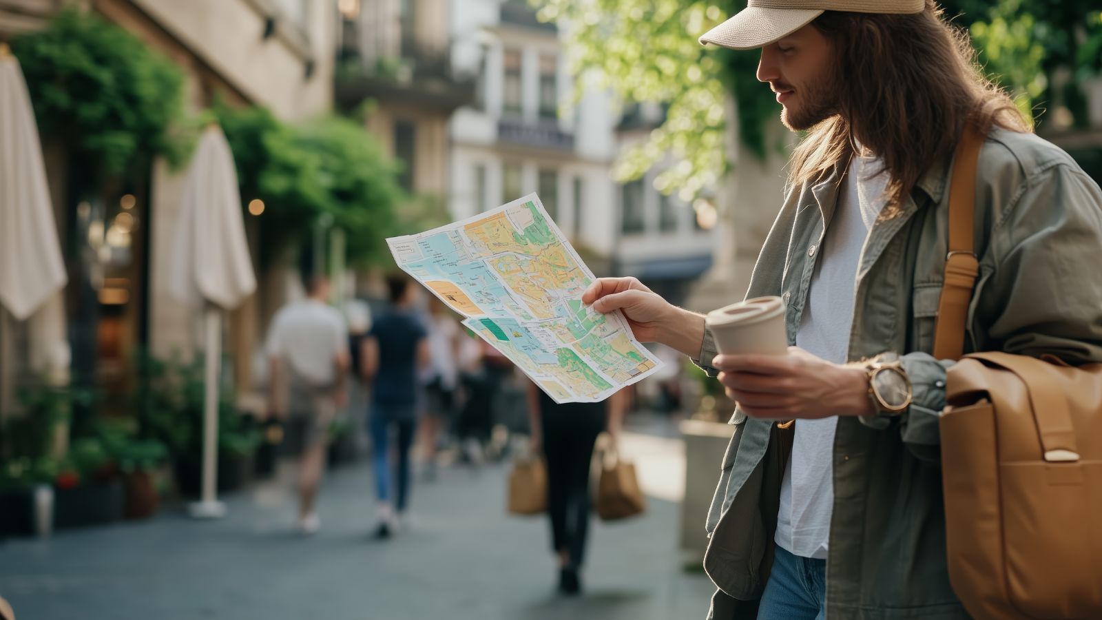 A photo of Traveler in a busy foreign city, looking at a map or guidebook.