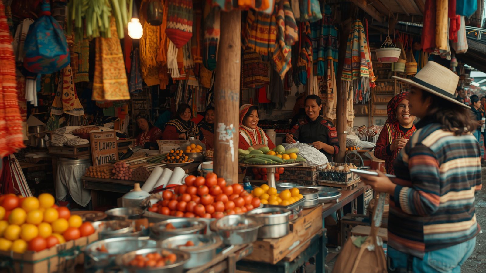 A photo of Local vendor at a market interacting with tourists, some guests leaning over displays.