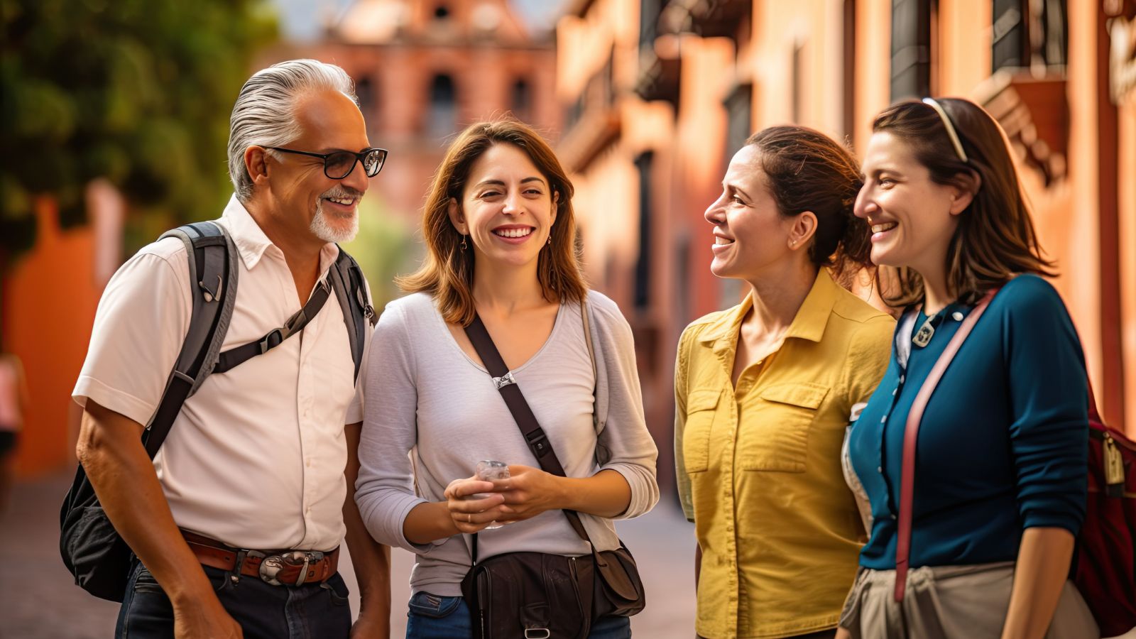 A photo of Traveler stepping to the side of a busy walkway, smiling politely at passing locals.