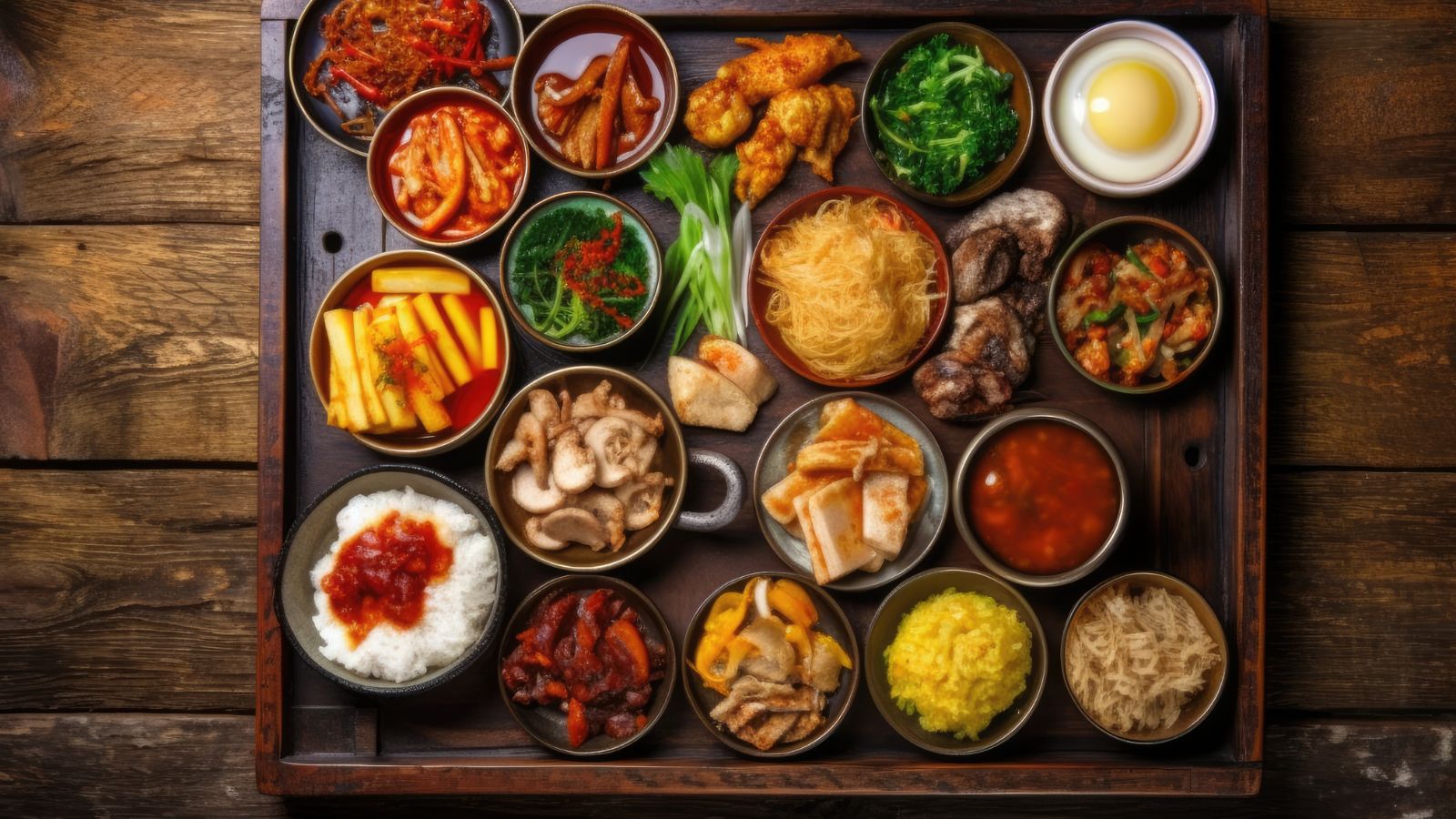 A photo of Traditional Korean meal on a table in South Korea.