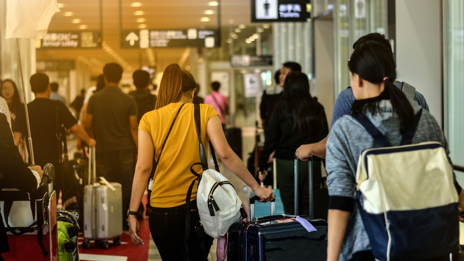 A picture that shows passengers carrying their luggage entering the airport.