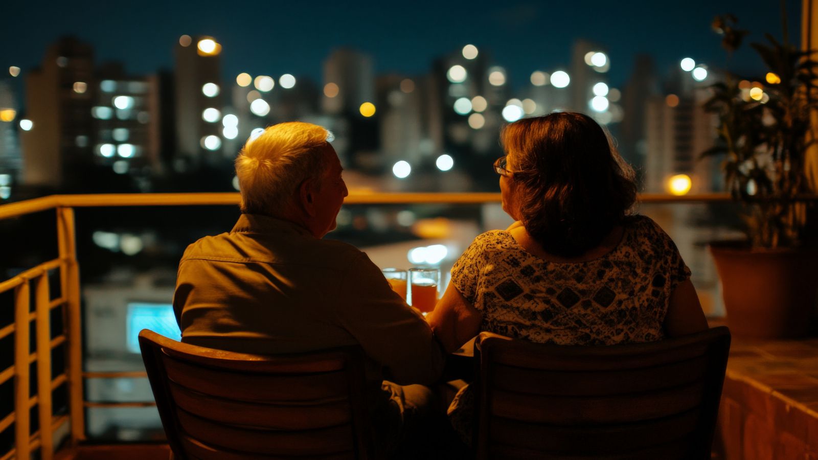 A photo of lovebirds enjoying the city night in a hotel balcony with a wine.