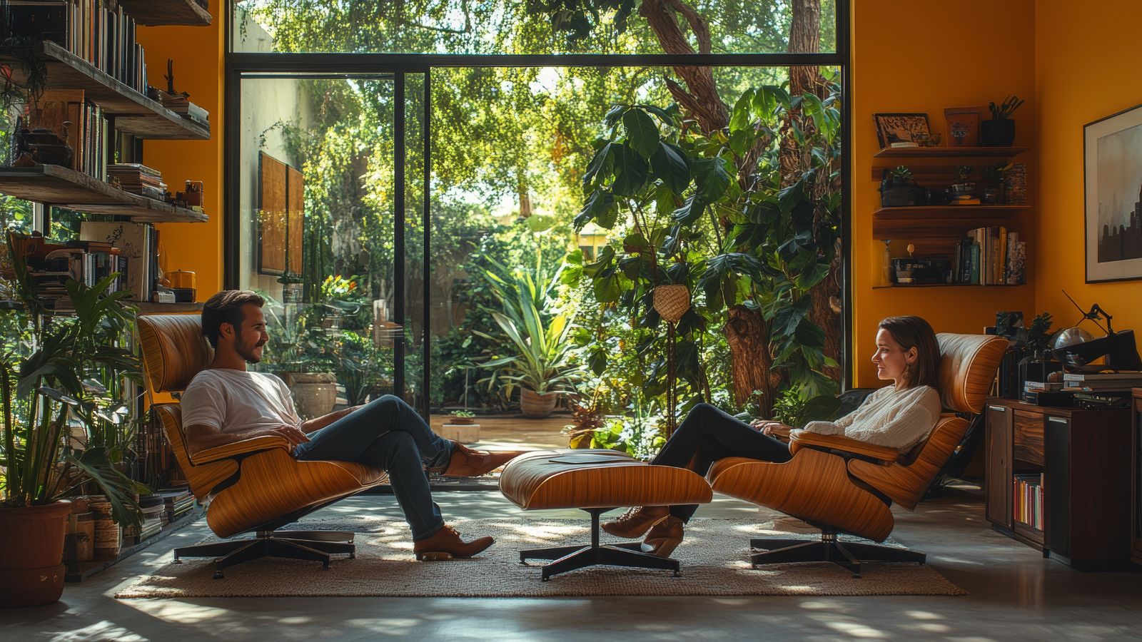 A photo of two couple sitting in front of each other in a very scenic view. 