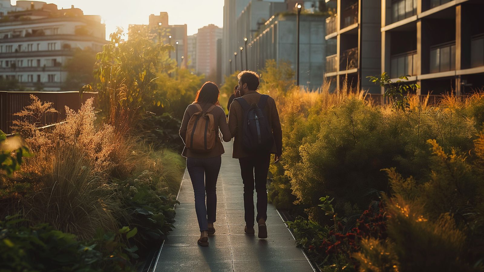 A back photo of a couple walking facing the sunset.
