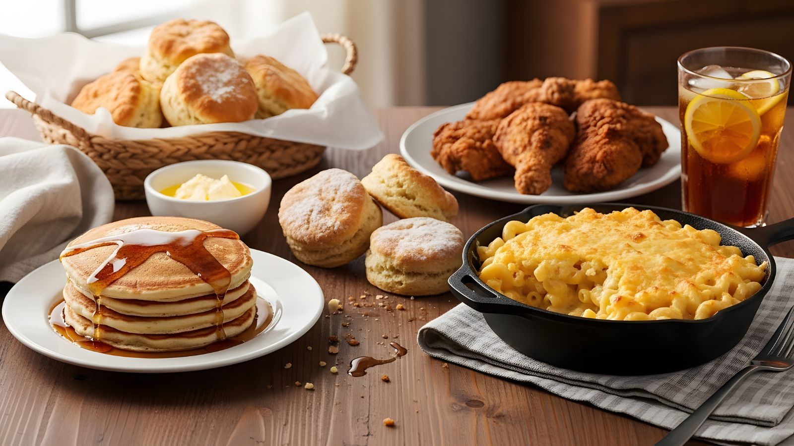 A photo of Close-up of sweet American breakfast foods.