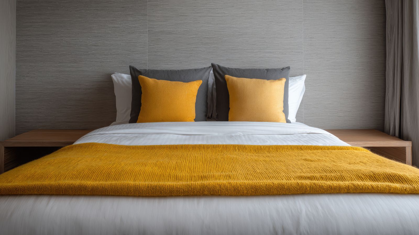 A photo of a nice hotel bed with matching yellow pillow and towe.