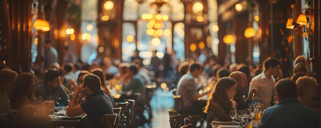 Busy restaurant full of diners bustling staff and lively atmosphere. Concept Busy Restaurant, Diners, Bustling Staff, Lively Atmosphere