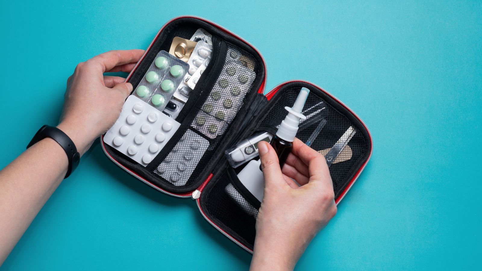 A photo of medical items nearby such as prescription pill case.