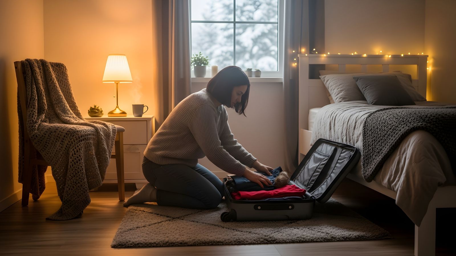 A woman packs clothes into a suitcase on the floor of a cozy, softly lit bedroom with snow visible through the window.