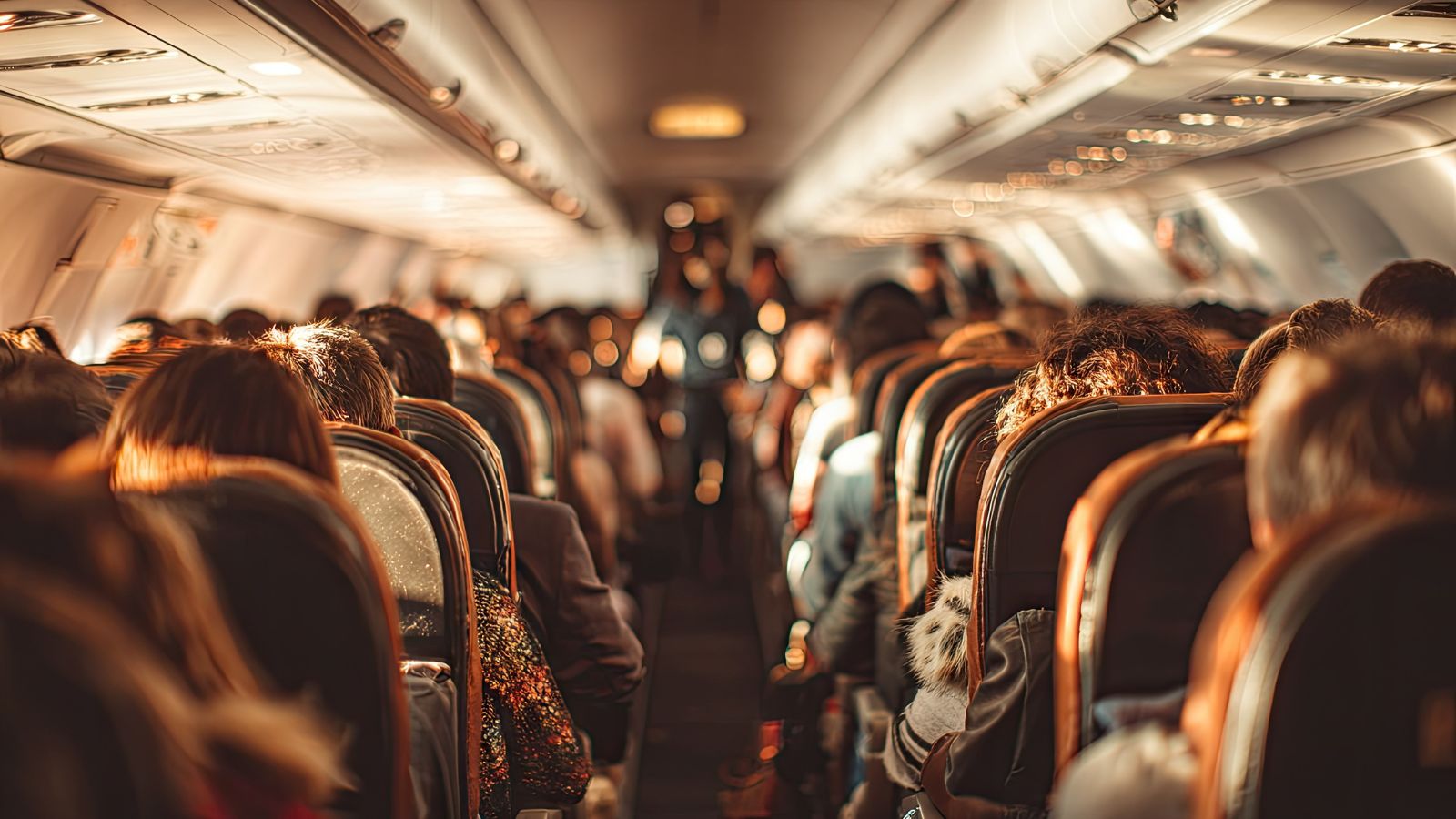 A photo of airplane passengers ready for take off. 