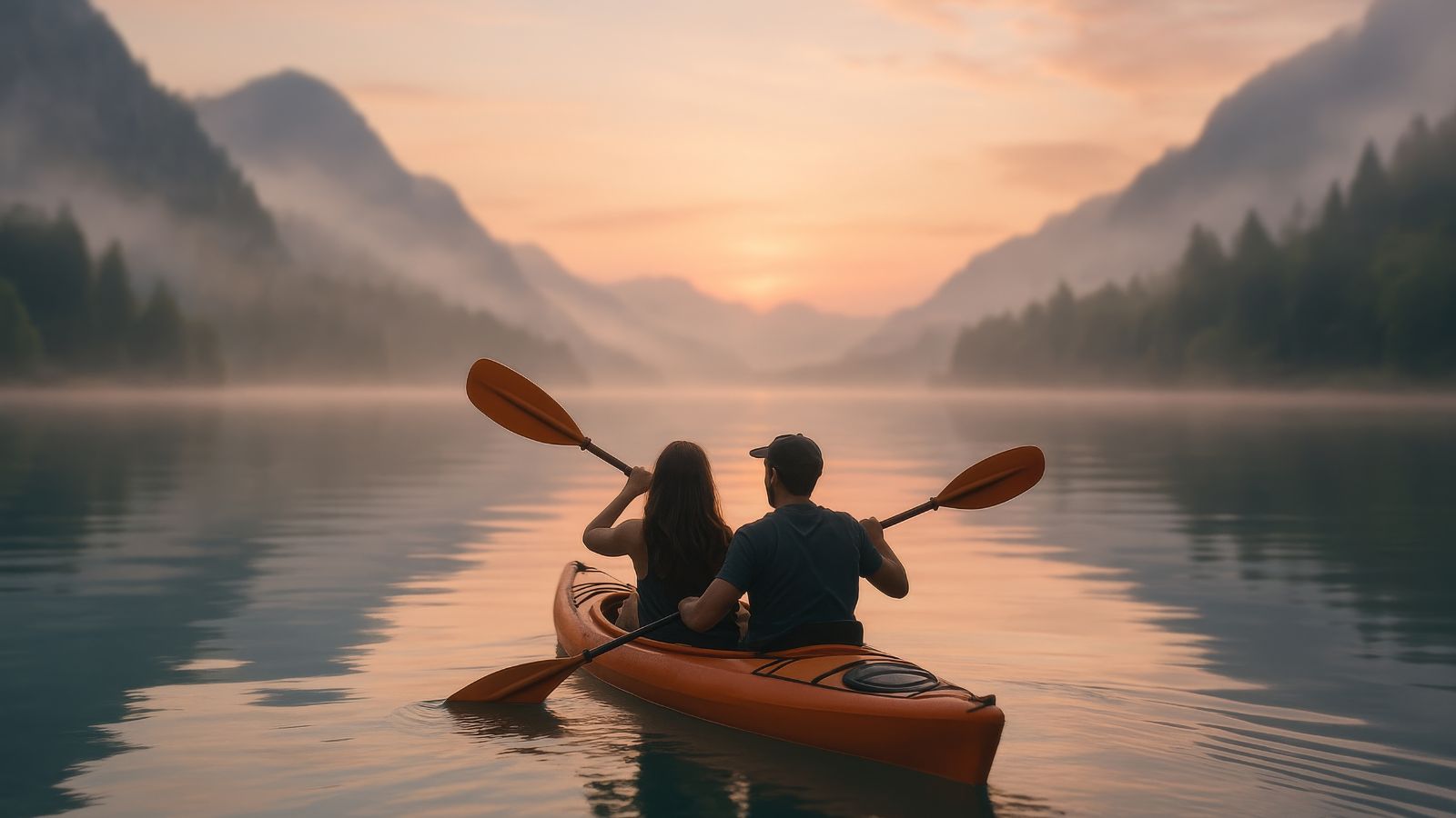 A photo of a couple in a kayak facing a beautiful sunset.