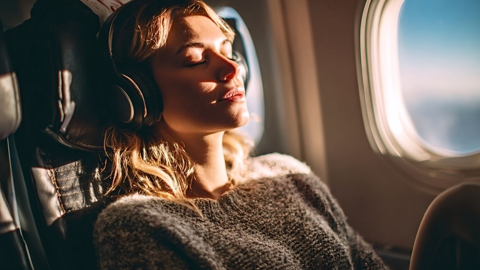 A photo of a Traveler relaxing premium airplane seat.