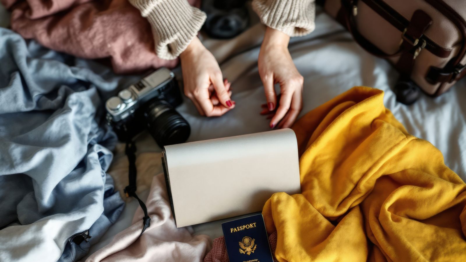 A hand of a woman arranging things and documents.