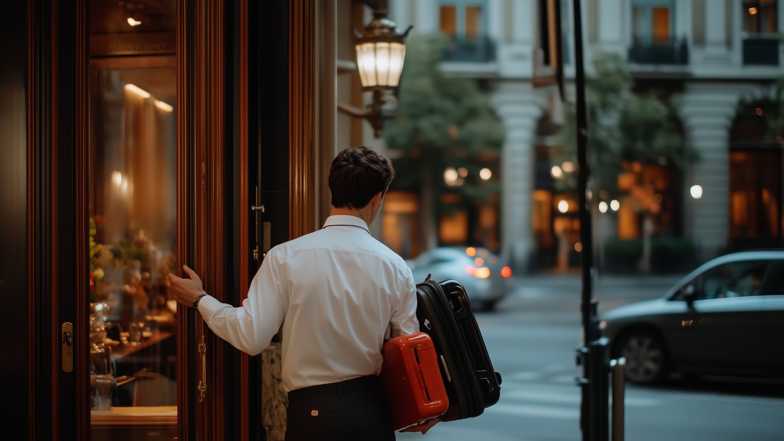 A photo of a Traveler leaving restaurant.