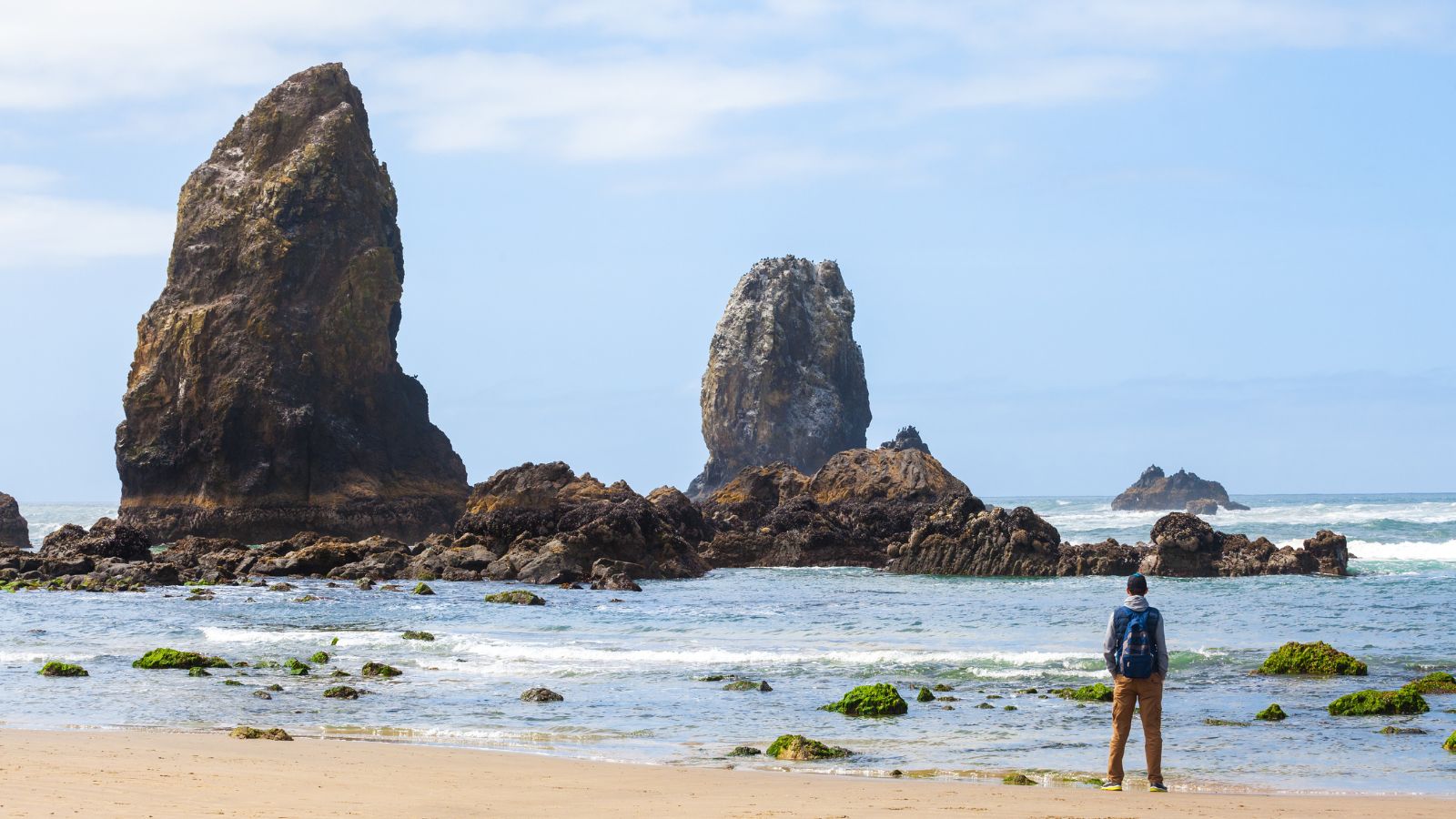 A photo of a Traveler standing on wide Cannon Beach.