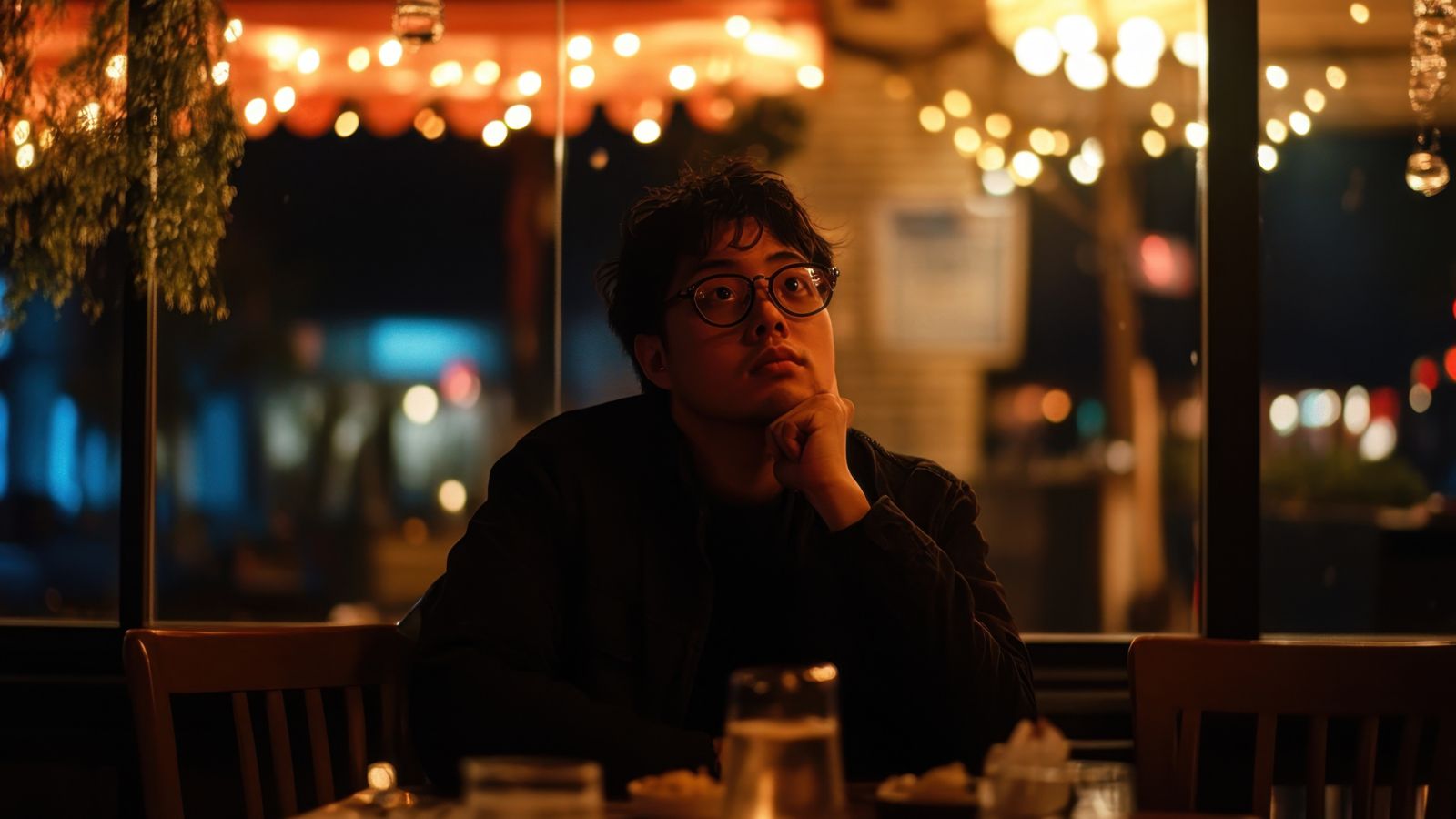 A photo of a Traveler sitting at a small local table, pausing before the first bite of unfamiliar food, curious expression.