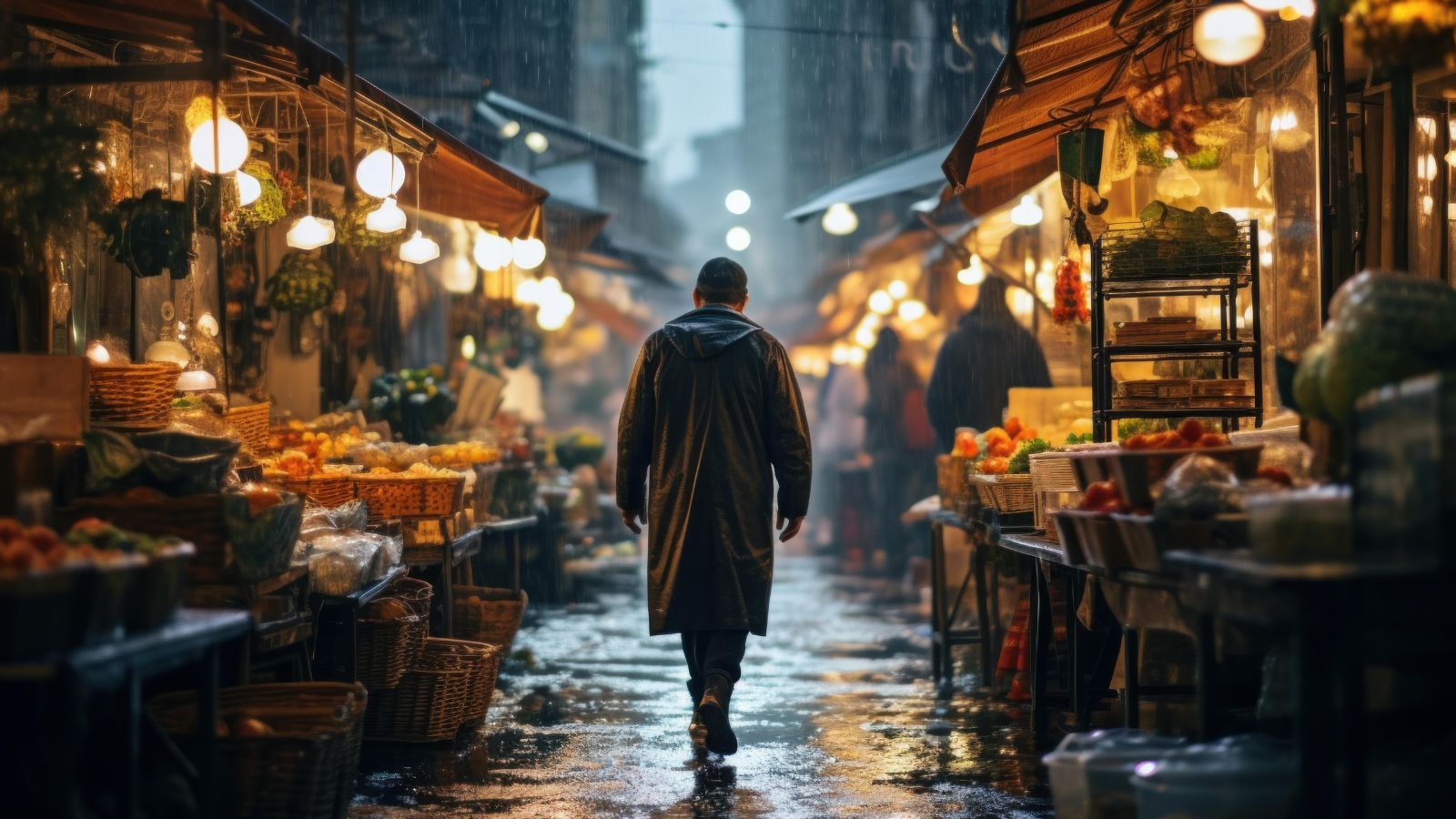 A photo of a Person strolling slowly through a neighborhood market.
