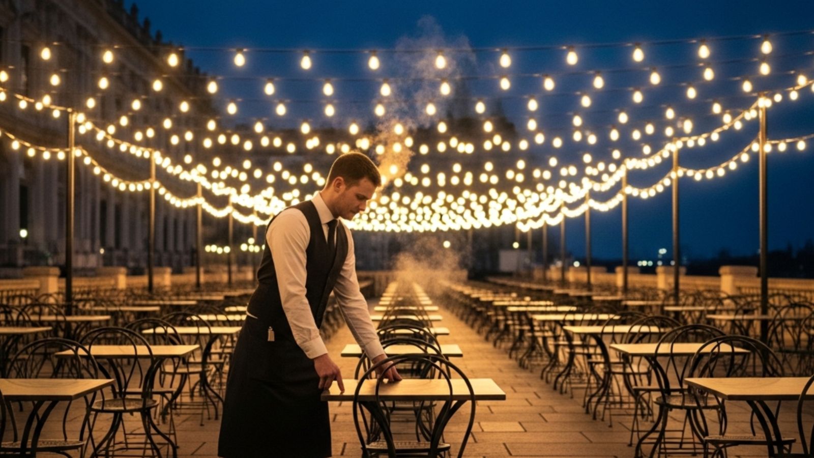 A photo of a Local restaurant opening in the evening, staff preparing tables, warm interior lights.