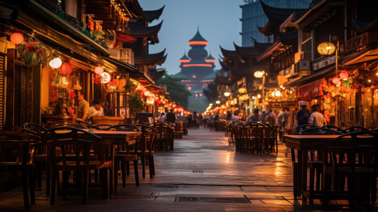 A photo of a Busy restaurant street near a famous landmark.