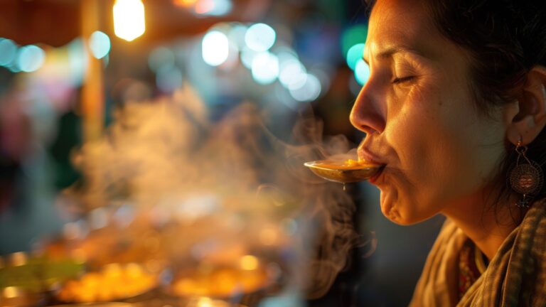 A photo of a Traveler at restaurant table tasting spicy food for first time.