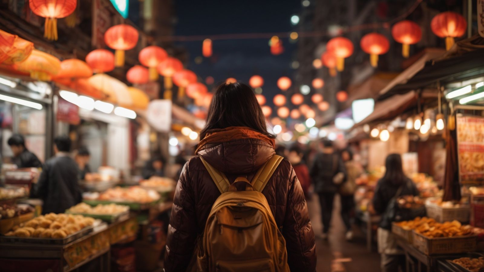 A photo of a Traveler walking away from food stall at dusk.