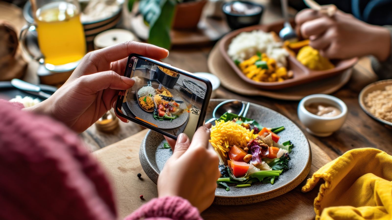 A photo of a woman taking pictures of delicious foods.